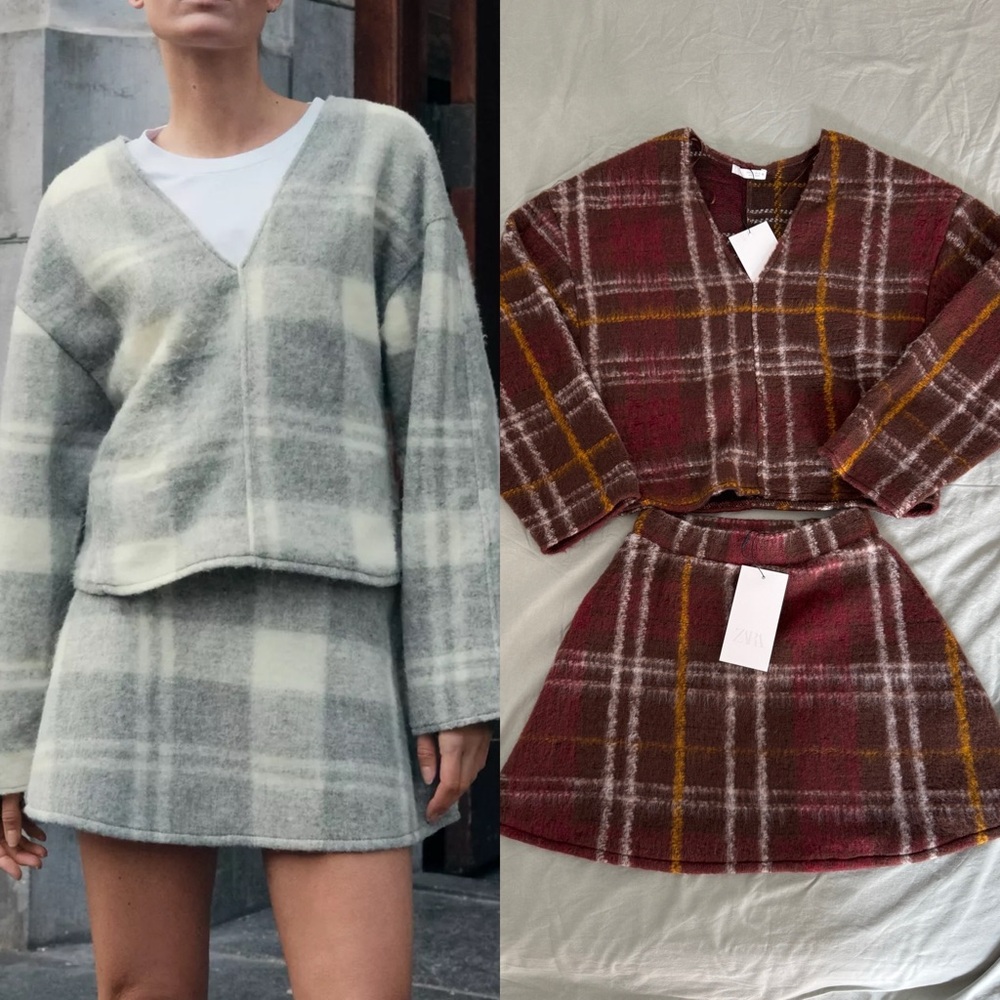 Zara Plaid Skirt Set in Gray and Red